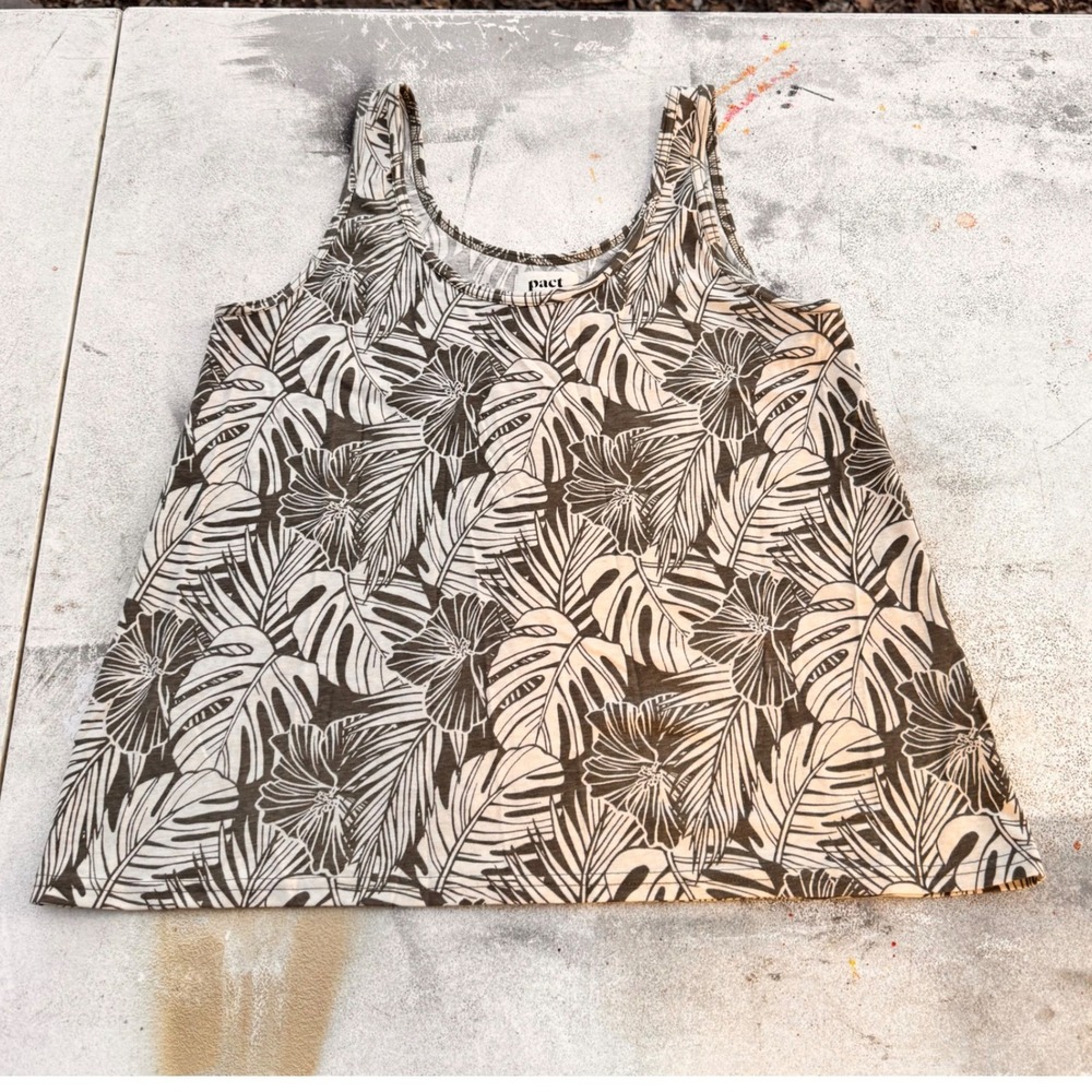 Pact Organic Cotton Tropical Palm Hibiscus Floral Tank Top Brown Cream Medium